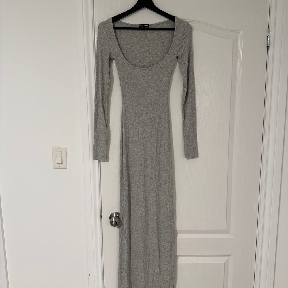 Fashion Nova Charcoal Gray Long Sleeve Bodycon Midi Dress